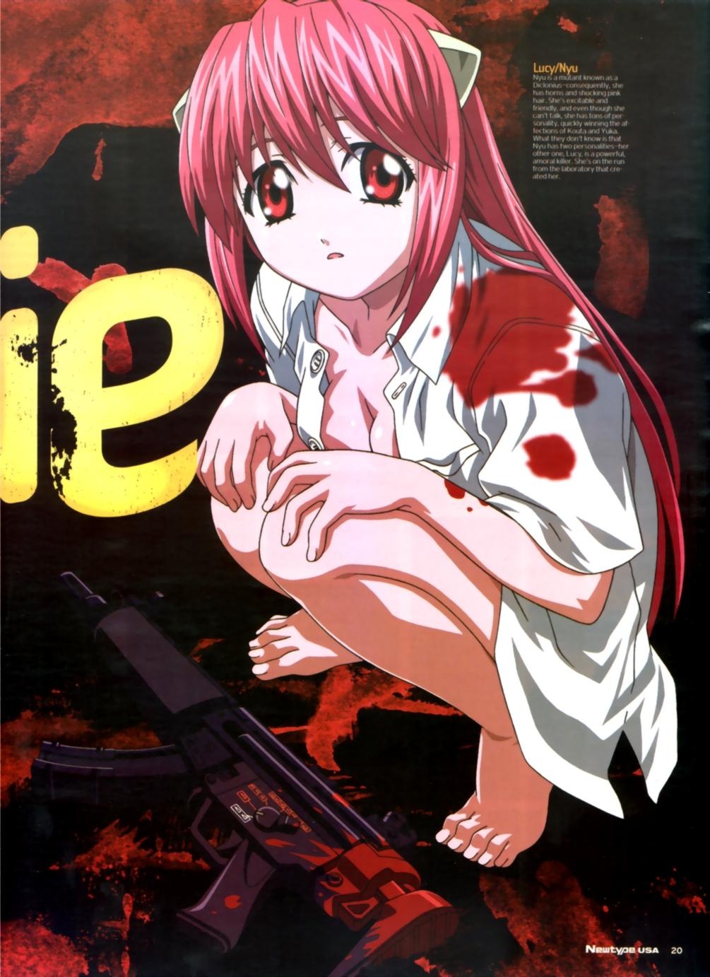 kaede (character), lucy (elfen lied), nyuu, elfen lied, heckler & koch, newtype, highres, scan, 00s, 1girl, barefoot, blood, breasts, cleavage, feet, female focus, gun, h&k mp5, h&k mp5k, horns, long hair, machine gun, medium breasts, open clothes, open mouth, open shirt, pink hair, red eyes, rifle, shirt, solo, squatting, submachine gun, very long hair, weapon