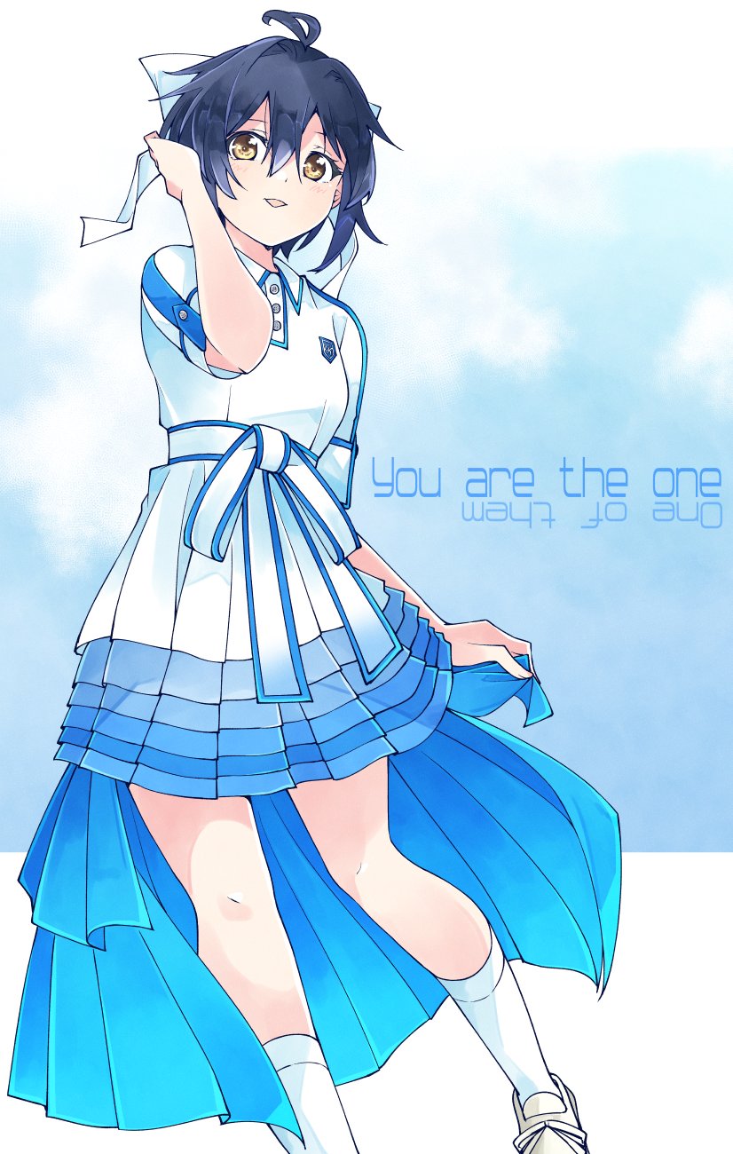 trefle r, takigawa miu, 22/7, highres, 1girl, anata de nakucha, antenna hair, black hair, blue background, bow, brown eyes, collared dress, dress, foot out of frame, hair between eyes, hair bow, hand in own hair, open mouth, shoes, short hair, short sleeves, socks, solo, song name, white bow, white shoes, white socks
