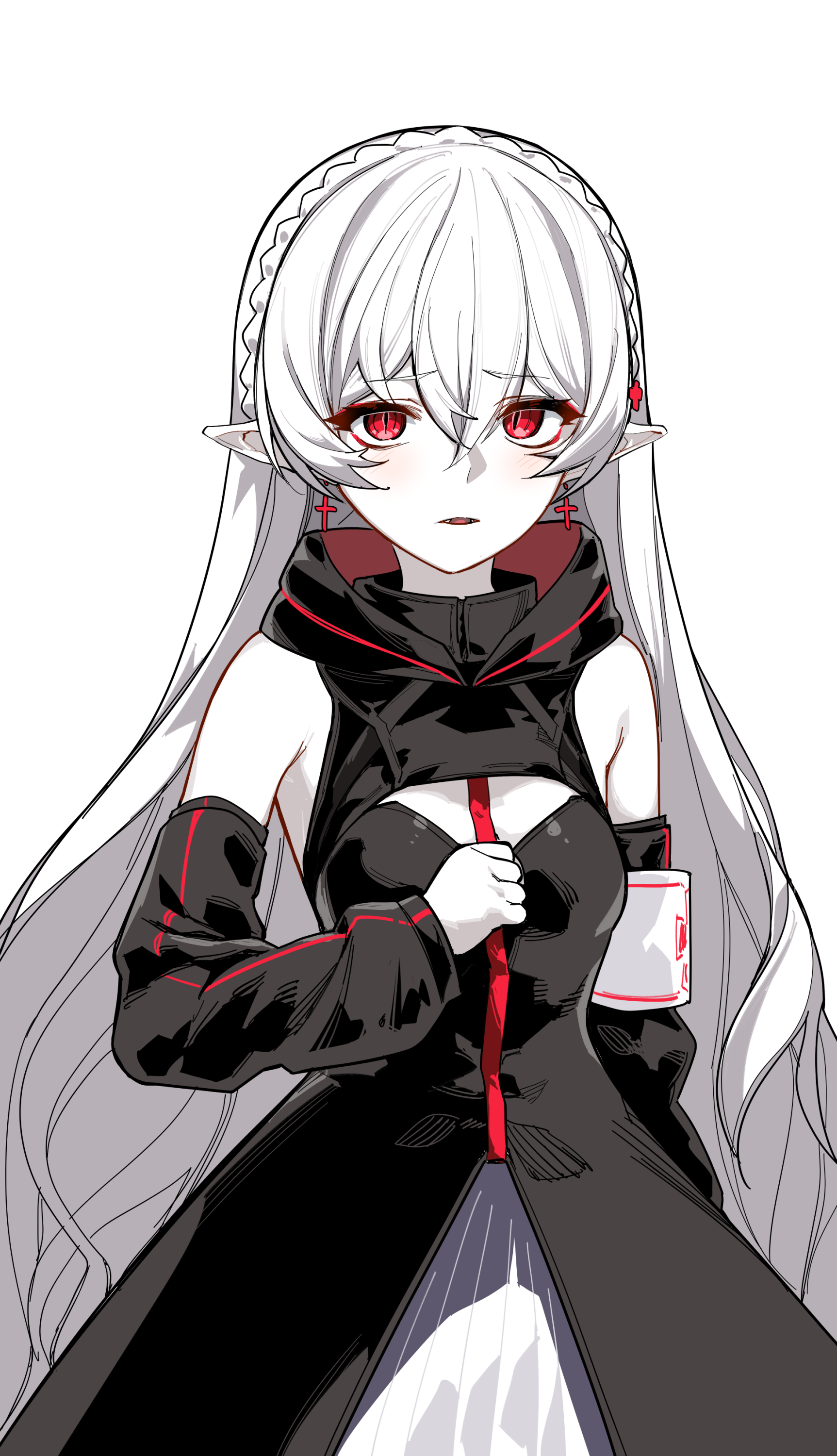 kinbakuman, warfarin (arknights), arknights, absurdres, highres, 1girl, armband, black dress, black hoodie, blush, braid, cropped hoodie, cross, cross earrings, crown braid, detached sleeves, dress, earrings, fangs, hair between eyes, hand up, hood, hood down, hoodie, jewelry, long hair, long sleeves, pale skin, parted lips, pointy ears, red eyes, sleeveless, sleeveless hoodie, slit pupils, solo, very long hair, white armband, white hair