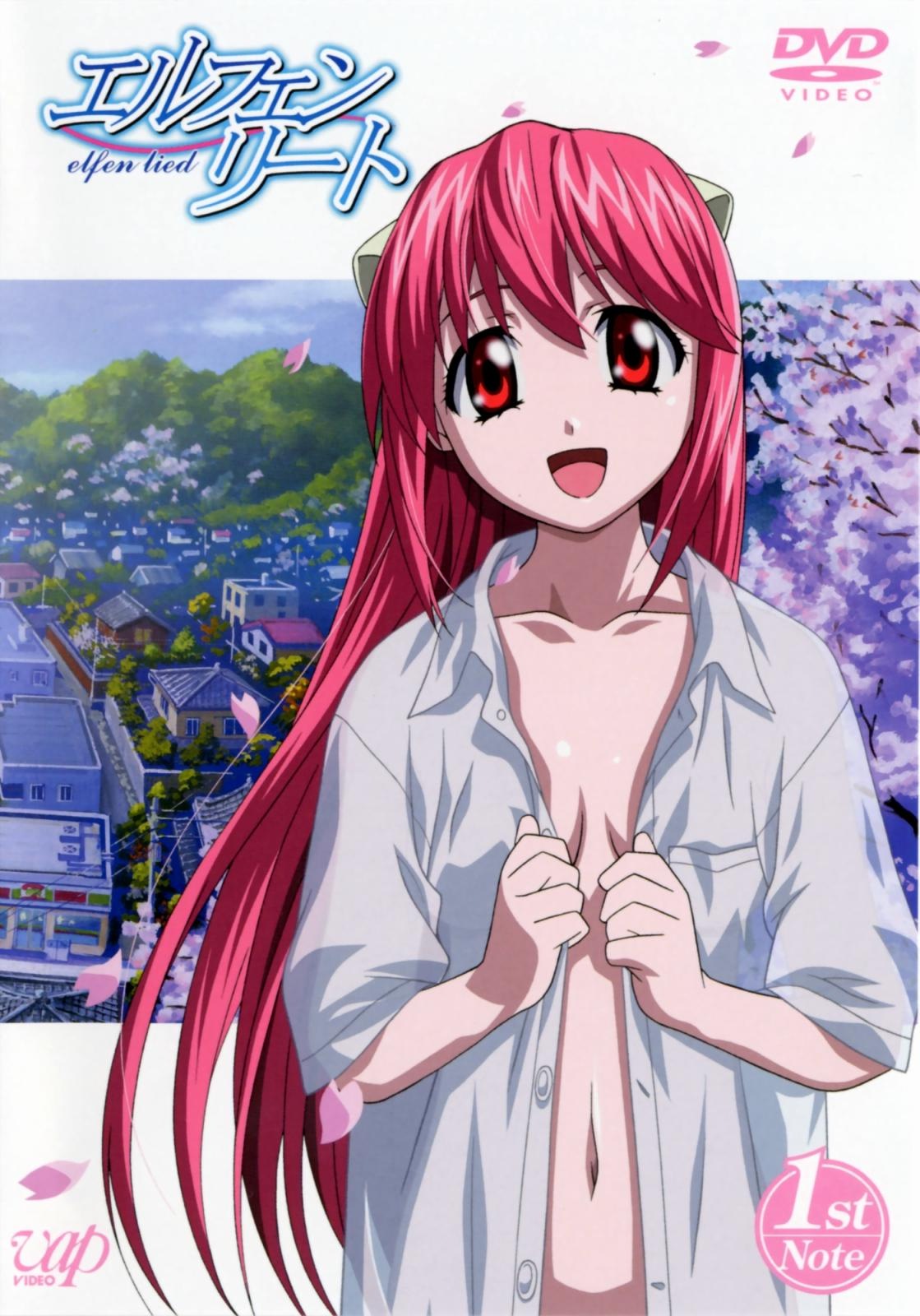 kishimoto seiji, kaede (character), lucy (elfen lied), nyuu, elfen lied, highres, official art, 00s, 1girl, :d, cherry blossoms, cityscape, cover, dvd cover, female focus, flat chest, happy, horns, long hair, navel, no bra, open clothes, open mouth, open shirt, petals, pink hair, red eyes, shirt, smile, solo, very long hair