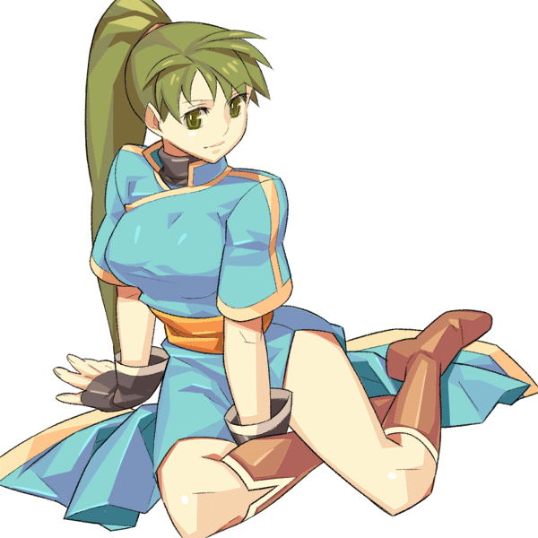 itsumo nokoru, lyn (fire emblem), fire emblem, fire emblem: the blazing blade, nintendo, archived source, 1girl, aqua dress, between legs, black gloves, boots, breasts, brown boots, china dress, chinese clothes, collared dress, dress, fingerless gloves, fingernails, full body, gloves, green eyes, hair tie, half updo, hand between legs, hand on ground, high collar, high ponytail, knee boots, long dress, long hair, mandarin collar, medium breasts, pelvic curtain, ponytail, popped collar, sash, simple background, single vertical stripe, sitting, smile, solo, striped clothes, striped sleeves, turtleneck, vertical-striped clothes, vertical-striped sleeves, very long hair, white background, yellow sash, yellow trim, yokozuwari