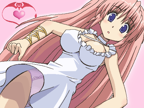 awa, tsukimura mayu, goshuushou-sama ninomiya-kun, lowres, 00s, 1girl, breasts, cleavage, female focus, jaggy lines, large breasts, long hair, oekaki, panties, pantyshot, pink hair, solo, standing, underwear