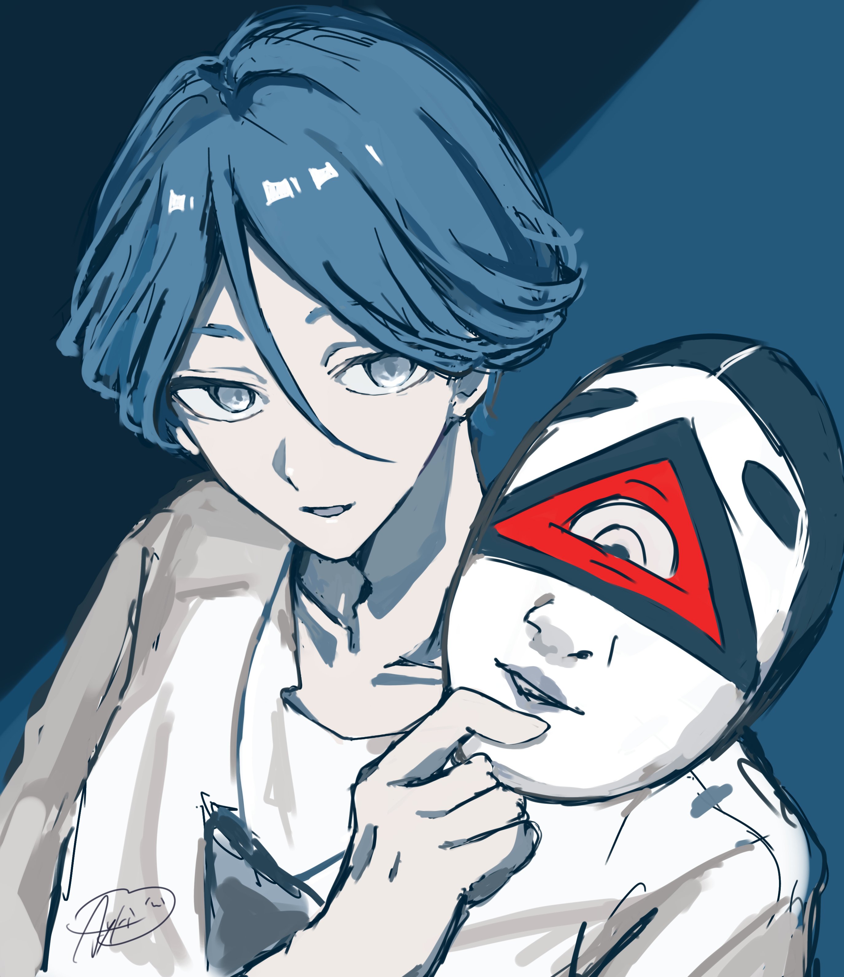 ayateru (ayaki geme), meguriya ayumu, toshi densetsu kaitai center, absurdres, commentary request, highres, 1boy, blue background, blue eyes, blue hair, blue theme, hair between eyes, holding, holding mask, looking at viewer, male focus, mask, monochrome, short hair, smile, solo, spot color, triangle necklace, upper body