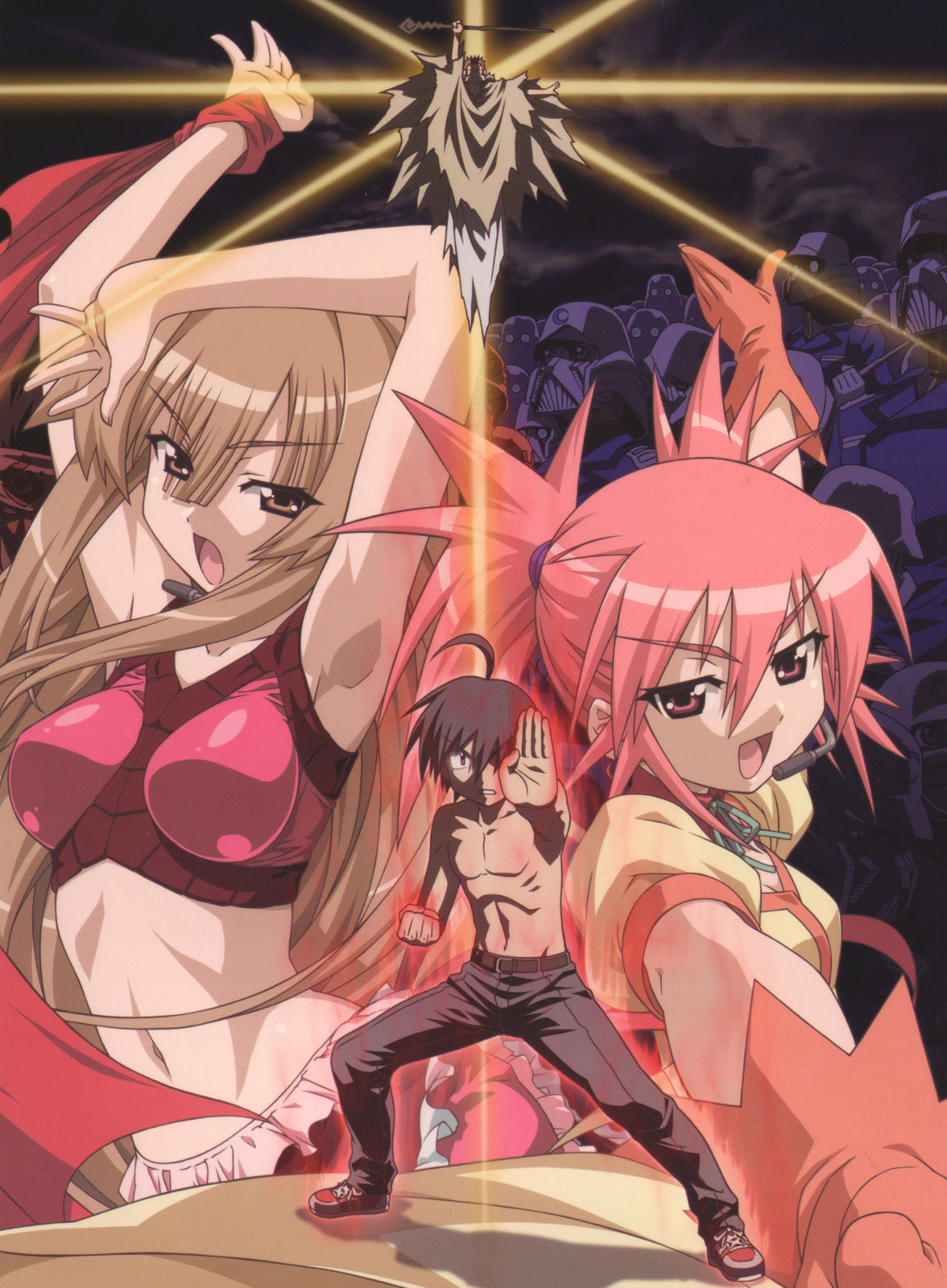 edomae lunar, michishio nagasumi, seto sun, seto no hanayome, highres, 00s, 2boys, 2girls, :d, armpits, arms up, bare shoulders, bikini, bikini top only, breasts, large breasts, light rays, midriff, multiple boys, multiple girls, navel, open mouth, red eyes, red hair, skin tight, smile, stomach, swimsuit, taut clothes