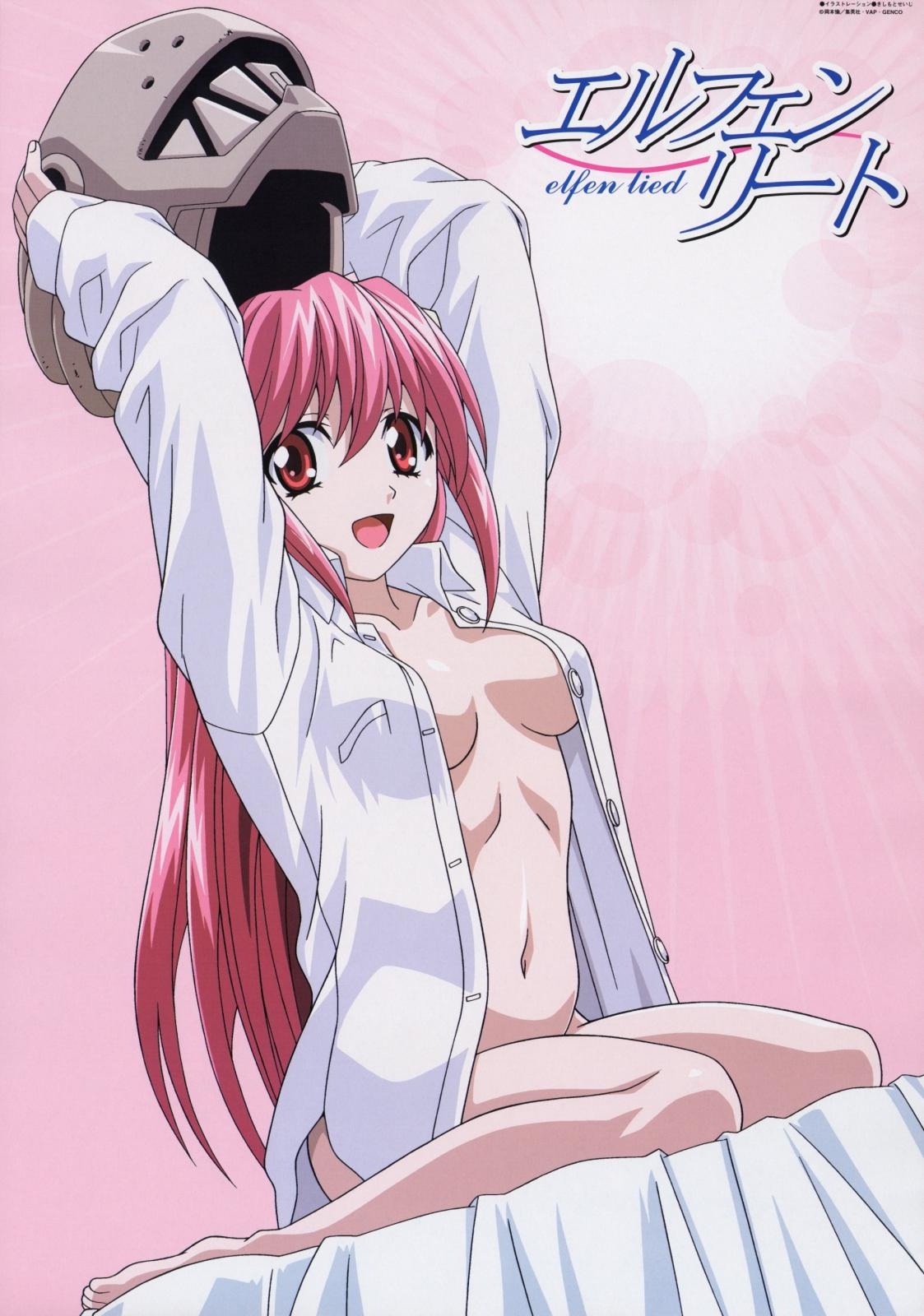 kishimoto seiji, kaede (character), lucy (elfen lied), nyuu, elfen lied, highres, official art, 00s, 1girl, arms up, barefoot, bottomless, feet, female focus, helmet, horns, long hair, navel, no bra, open clothes, open mouth, open shirt, pink eyes, pink hair, shirt, sitting, solo, unworn headwear, unworn helmet, wariza, white shirt
