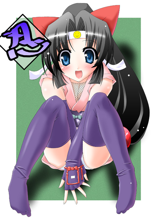 utamaro, shinobu (ninin ga shinobuden), ninin ga shinobuden, 00s, blunt bangs, choker, elbow gloves, fingerless gloves, fishnets, gloves, headband, japanese clothes, kimono, ninja, obi, panties, purple thighhighs, sash, short kimono, smiley face, solo, thighhighs, underwear