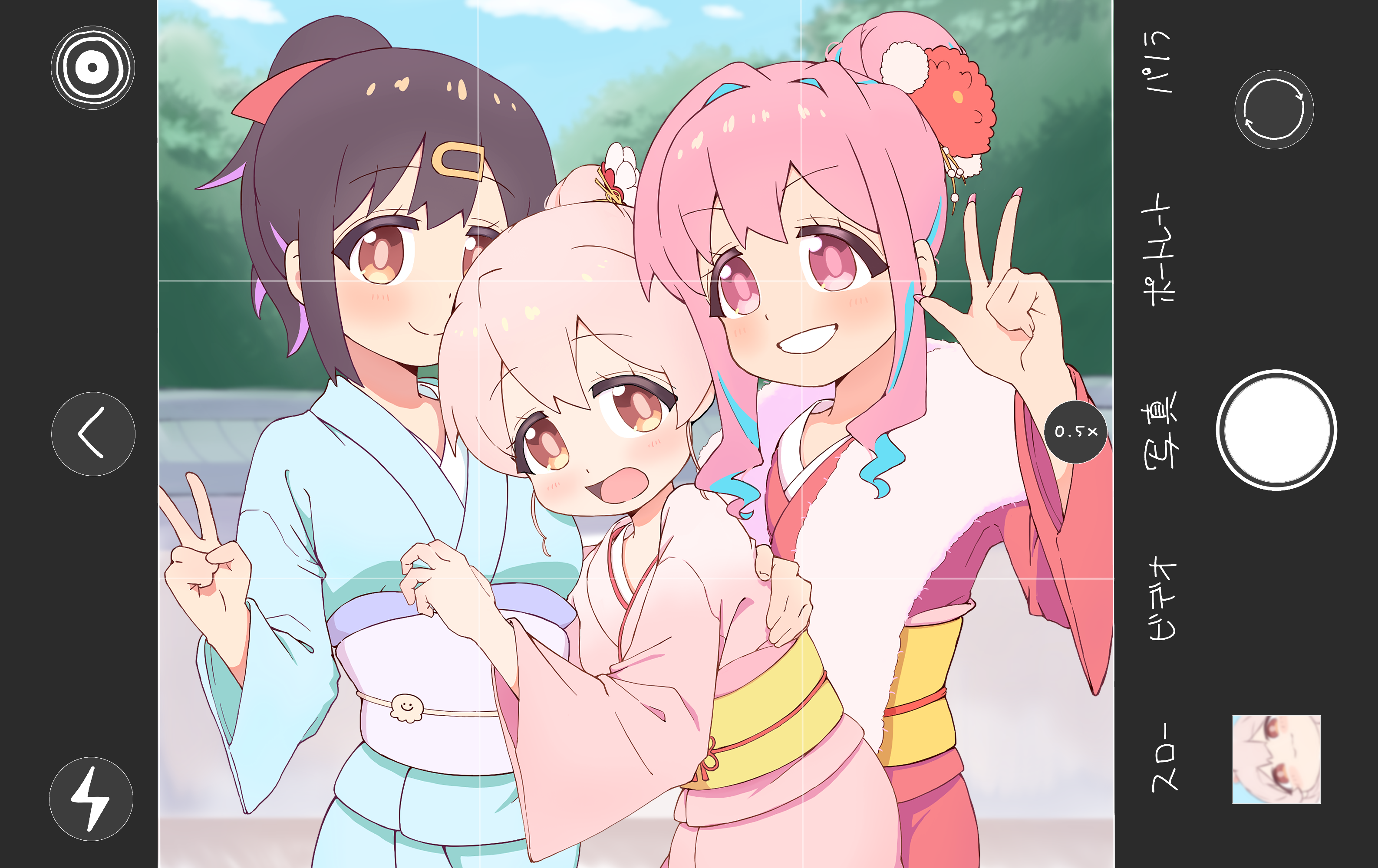 ash (ash illustrator), hozuki kaede, oyama mahiro, oyama mihari, onii-chan wa oshimai!, commentary, highres, 2girls, 3girls, black hair, blue hair, blue kimono, blush, brown eyes, day, flower, fur collar, grin, hair bun, hair flower, hair ornament, hairclip, japanese clothes, kimono, long sleeves, multicolored hair, multiple girls, new year, obi, open mouth, outdoors, pink eyes, pink hair, pink kimono, ponytail, purple hair, red kimono, sash, siblings, sidelocks, sisters, smile, two-tone hair, v, w, wide sleeves