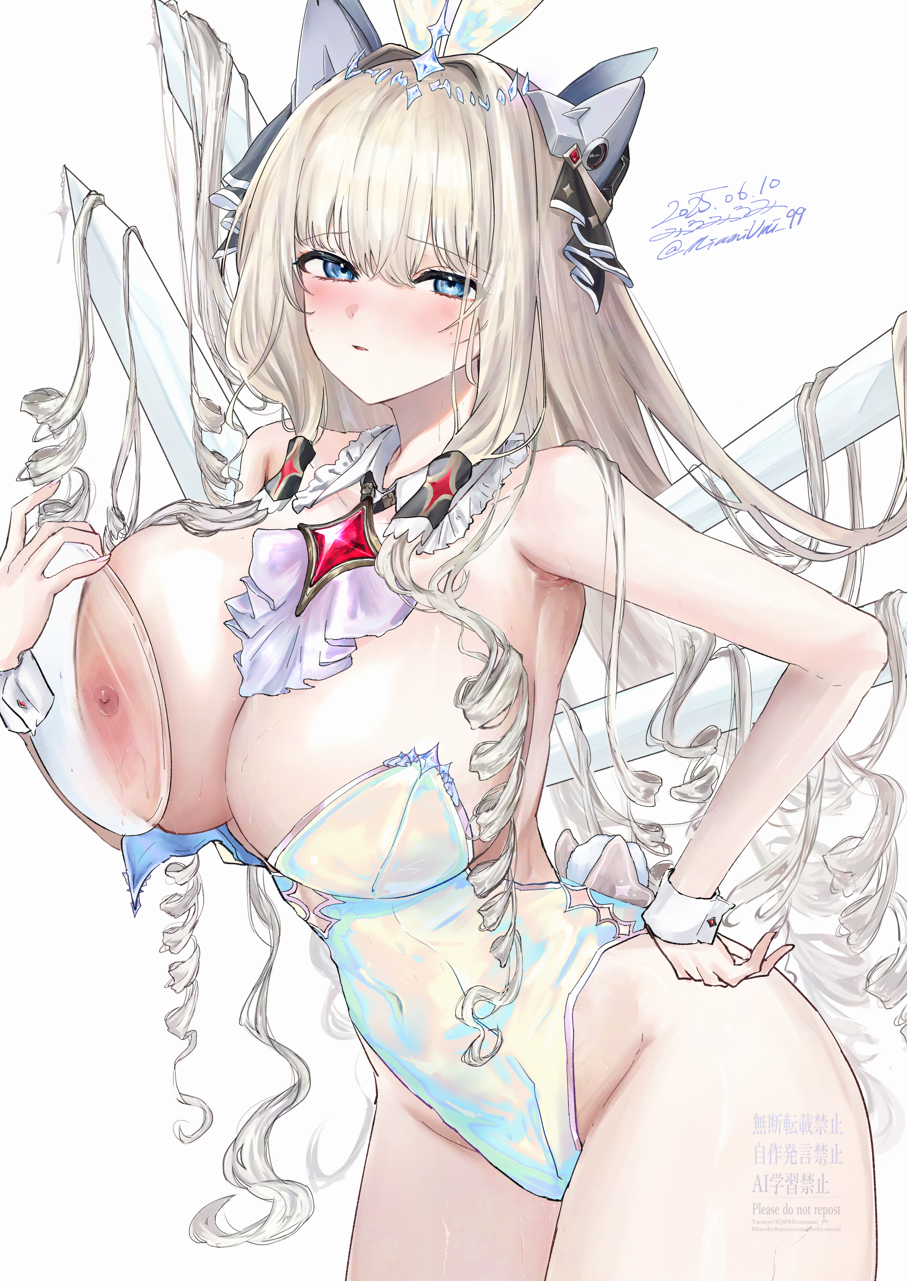 miumiumi 99, crown (nikke), goddess of victory: nikke, absurdres, highres, 1girl, alternate costume, ass, blonde hair, blue eyes, breasts, drill hair, holding, holding tray, huge ass, iridescent, leotard, long hair, multiple swords, nipples, one breast out, playboy bunny, simple background, solo, sword, thighs, too many drills, tray, very long hair, watermark, weapon, white background, white leotard, wrist cuffs