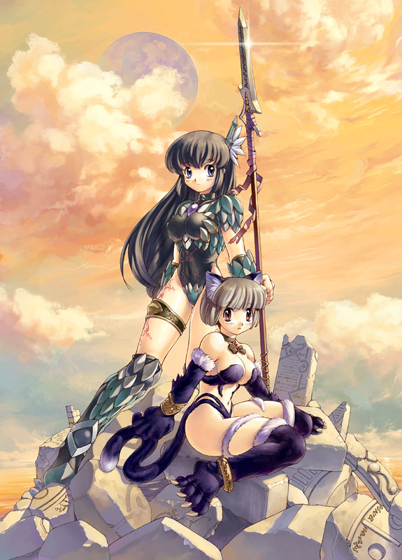 uchiu kazuma, 2girls, animal ears, armor, bodysuit, cat ears, cat tail, long hair, multiple girls, polearm, short hair, tail, thigh strap, weapon