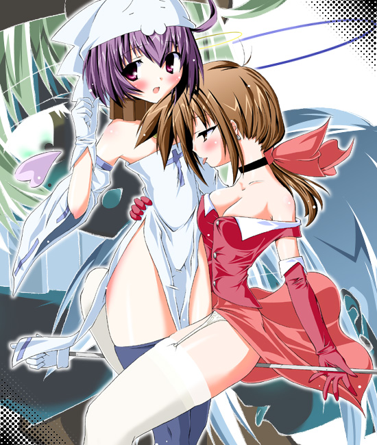 utamaro, character request, copyright request, 2girls, bare shoulders, black choker, blush, bow, breasts, brown hair, choker, cleavage, cowboy shot, cross, detached sleeves, earrings, elbow gloves, flat chest, garter belt, garter straps, gloves, hair bow, jewelry, legs together, licking, lingerie, multiple girls, no bra, ponytail, purple hair, red gloves, short hair, skinny, thighhighs, underwear, white gloves, white thighhighs, wide sleeves, yuri