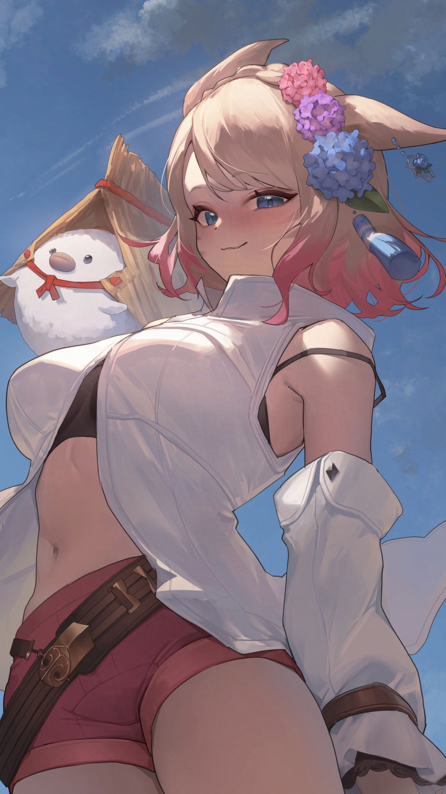 metatarou, commission, highres, skeb commission, 1girl, bare shoulders, bird, blonde hair, blue sky, blush, breasts, center opening, closed mouth, day, detached sleeves, facial mark, hair ornament, large breasts, looking at viewer, navel, red shorts, shirt, short hair, short shorts, shorts, sky, smile, tassel, tassel hair ornament, thighs, whisker markings, white bird, white shirt, white sleeves