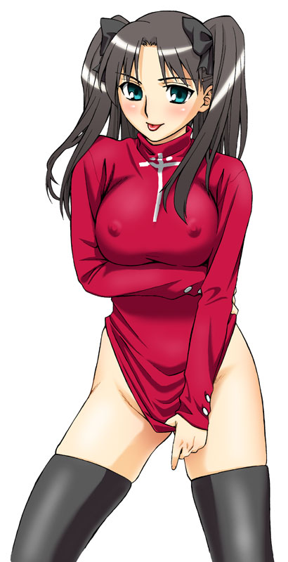unagimaru, tohsaka rin, fate/stay night, fate (series), 00s, 1girl, :p, black thighhighs, bottomless, breasts, covered erect nipples, covering crotch, covering privates, female focus, large breasts, long sleeves, no panties, shirt tug, simple background, solo, thighhighs, tongue, tongue out, turtleneck, twintails, two side up, white background