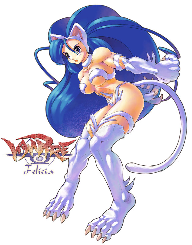 uchiu kazuma, felicia (darkstalkers), capcom, darkstalkers, 1girl, animal ears, animal hands, big hair, blue hair, body fur, cat ears, cat tail, character name, female focus, long hair, simple background, solo, tail, white background