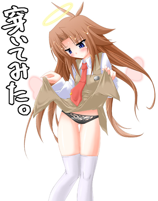 utamaro, translated, angel, clothes lift, long hair, necktie, panties, skirt, skirt lift, solo, thighhighs, underwear