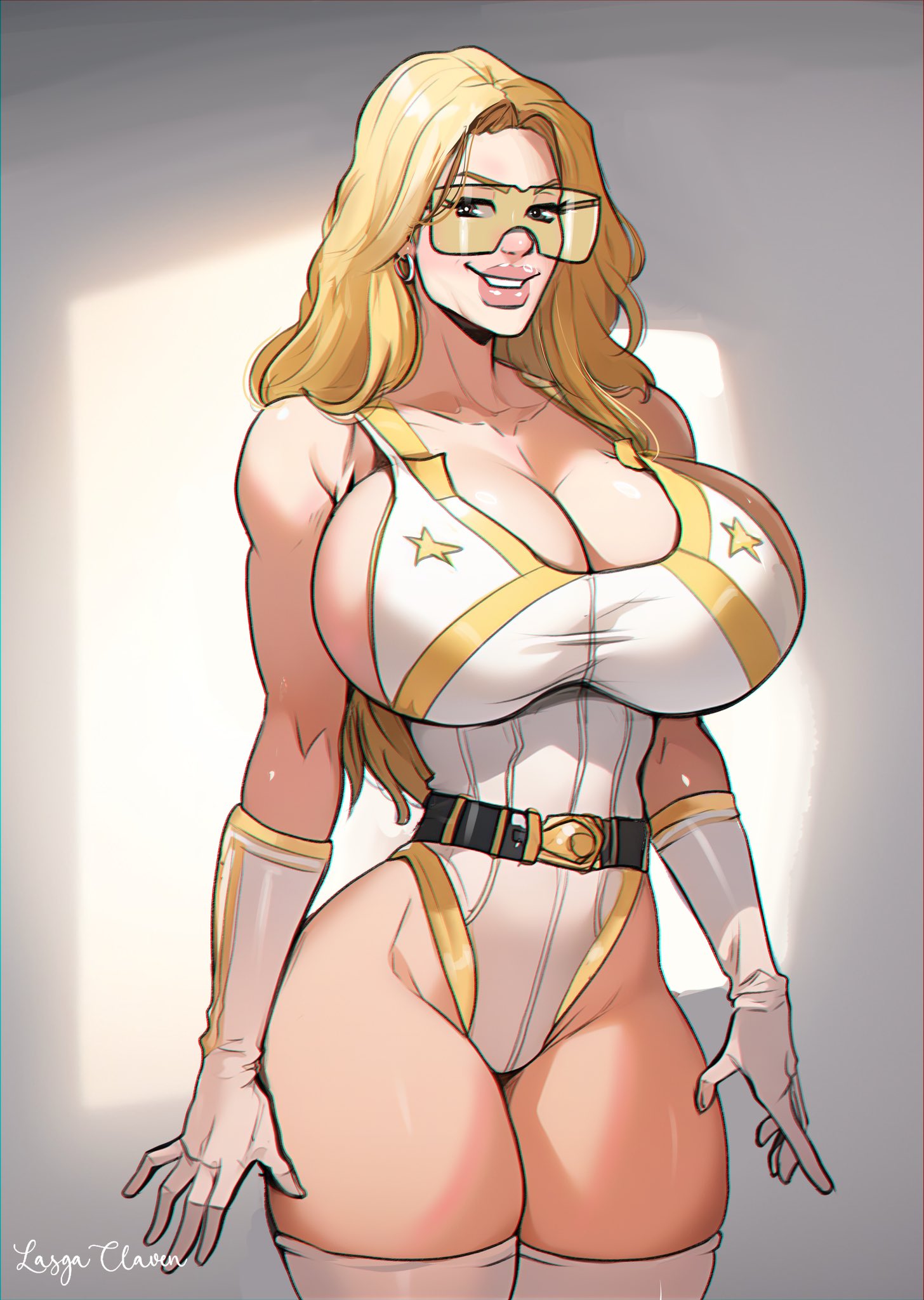 lasga claven, starlight (the boys), the boys, highres, second-party source, 1girl, blonde hair, breasts, cleavage, gloves, huge breasts, leotard, long hair, signature, solo, thighhighs, tinted eyewear, white gloves, white leotard, white thighhighs, yellow-tinted eyewear