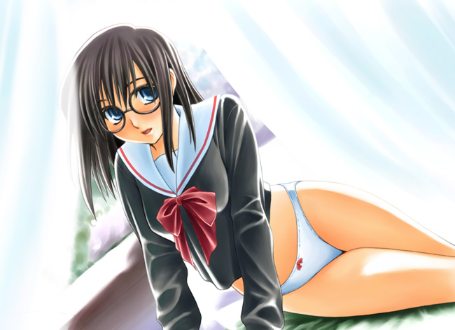 unagimaru, kurihara touko, tenshi no inai 12-gatsu, 1girl, black hair, blue eyes, bow, bow panties, dutch angle, female focus, glasses, no pants, panties, school uniform, serafuku, solo, underwear, white panties