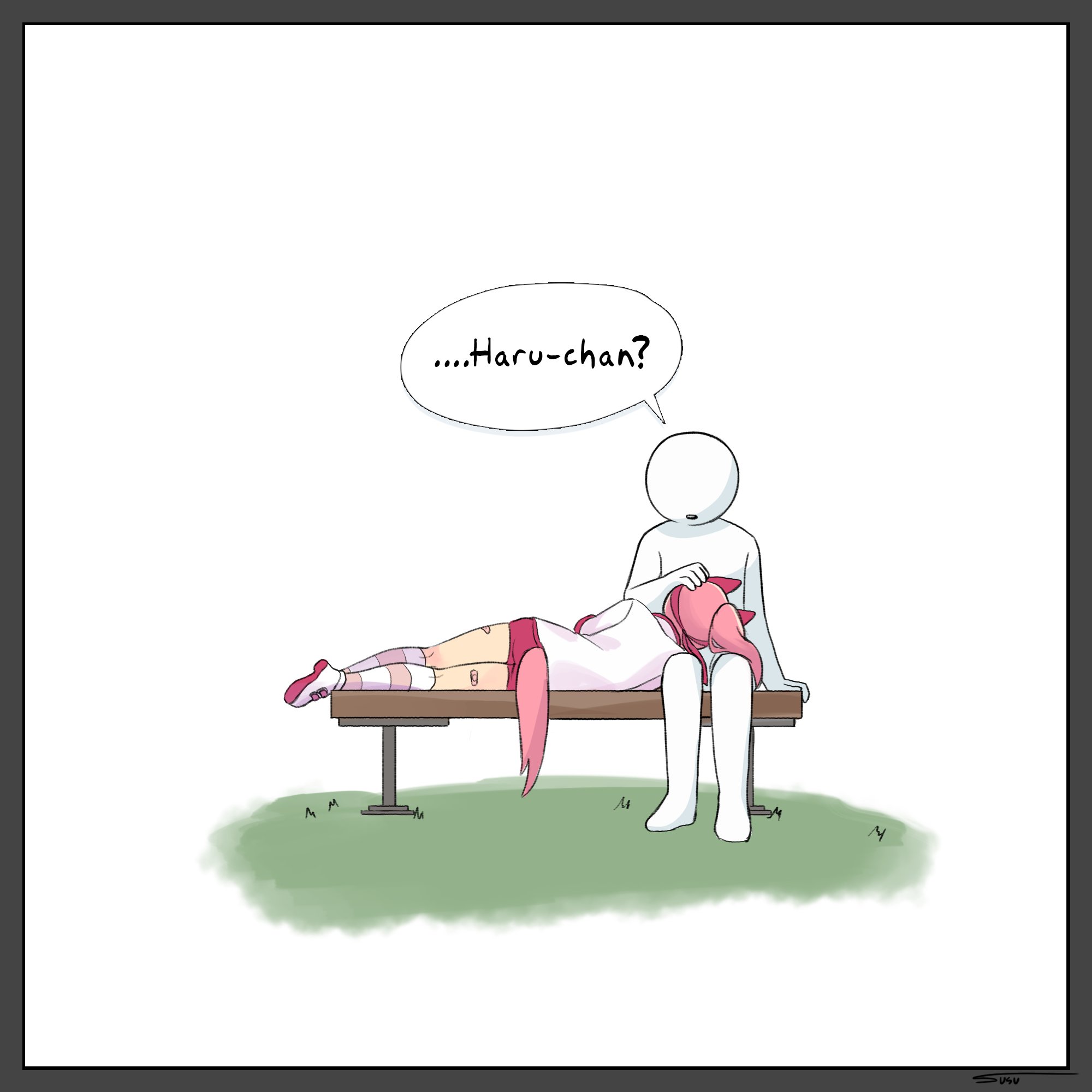 susu awoo, haru urara (umamusume), umamusume, commentary, english commentary, highres, 1girl, 1other, animal ears, bandaid, bandaid on leg, bench, bow, buruma, diorama, ear bow, ear covers, english text, haru urara (bestest prize) (umamusume), high ponytail, horse ears, horse girl, horse tail, jacket, lap pillow, long hair, long sleeves, lying, on side, parted lips, pink hair, ponytail, red buruma, shoes, signature, sitting, speech bubble, tail, thighs, white background, white bow, white jacket, white shoes