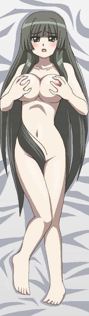 awa, shiranui akeno, seto no hanayome, long image, tall image, 00s, 1girl, barefoot, blush, breasts, censored, completely nude, convenient censoring, dakimakura (medium), female focus, full body, green eyes, hair censor, hair over crotch, jaggy lines, large breasts, long hair, nipples, nude, oekaki, solo, very long hair