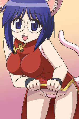 awa, chikage (nagasarete airantou), nagasarete airantou, lowres, 00s, 1girl, animal ears, bare shoulders, blue eyes, blue hair, blush, bracelet, cat ears, cat tail, china dress, chinese clothes, clothes lift, dress, dress lift, female focus, glasses, gradient background, jaggy lines, jewelry, oekaki, panties, red china dress, solo, tail, underwear