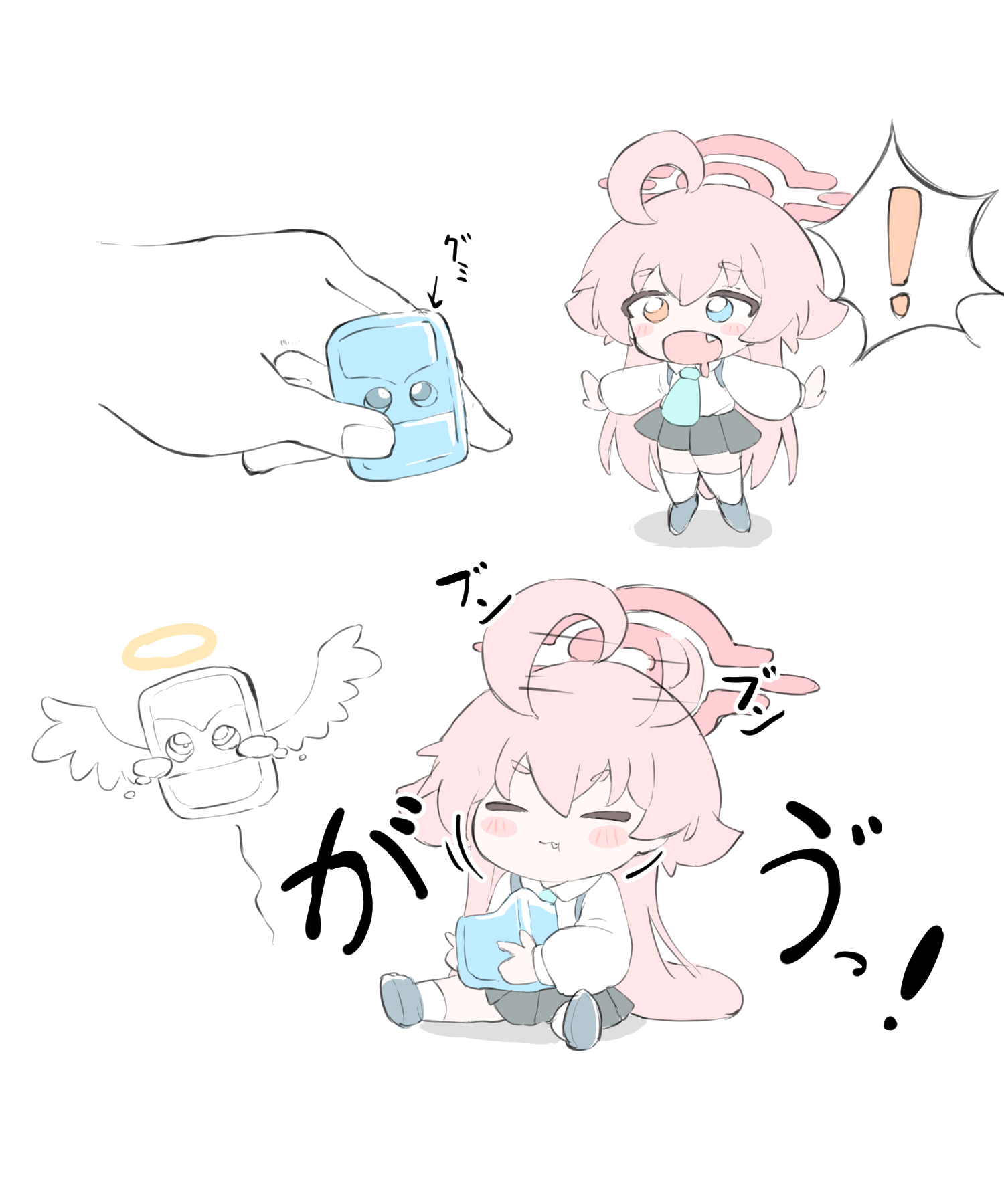 norippe (user zgsf8872), hoshino (blue archive), blue archive, commentary request, highres, translation request, !, 1girl, 1other, ahoge, arrow (symbol), black skirt, blue eyes, blue necktie, chibi, closed eyes, closed mouth, collared shirt, fang, fang out, grey shoes, halo, heterochromia, holding, long hair, long sleeves, mini person, minigirl, necktie, open mouth, orange eyes, pink hair, pleated skirt, puffy long sleeves, puffy sleeves, school uniform, shirt, shoes, sitting, skirt, socks, spoken exclamation mark, standing, tears, very long hair, white shirt, white socks