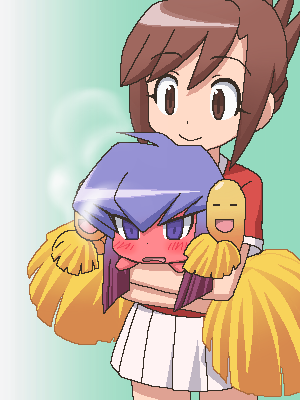 awa, guchuko, takamimori kyo, takamimori kyou, potemayo, lowres, 00s, 2girls, blush, cheerleader, gradient hair, hug, jaggy lines, multicolored hair, multiple girls, oekaki