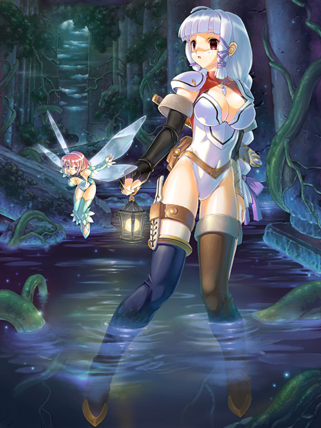 uchiu kazuma, black legwear, brown legwear, 2girls, :o, ahoge, aqua thighhighs, armor, asymmetrical legwear, bare shoulders, belt, belt pouch, bent over, black gloves, bodysuit, braid, breasts, cleavage, cleavage cutout, clothing cutout, covered navel, elbow gloves, fairy, fairy wings, fingerless gloves, gem, gloves, hair ribbon, hairband, holding, holding behind back, holding sword, holding sword behind back, holding weapon, holding weapon behind back, holster, lantern, large breasts, leotard, long hair, looking at viewer, looking to the side, mini person, minigirl, mismatched legwear, multiple girls, nature, open mouth, outstretched arms, pauldrons, pillar, plant, pouch, red eyes, red hair, ribbon, sheath, sheathed, short hair, shoulder armor, sidelocks, single braid, size difference, spread arms, standing, surprised, sword, thigh holster, thigh strap, thighhighs, tress ribbon, turtleneck, very long hair, vines, wading, water, weapon, white hair, wide-eyed, wings