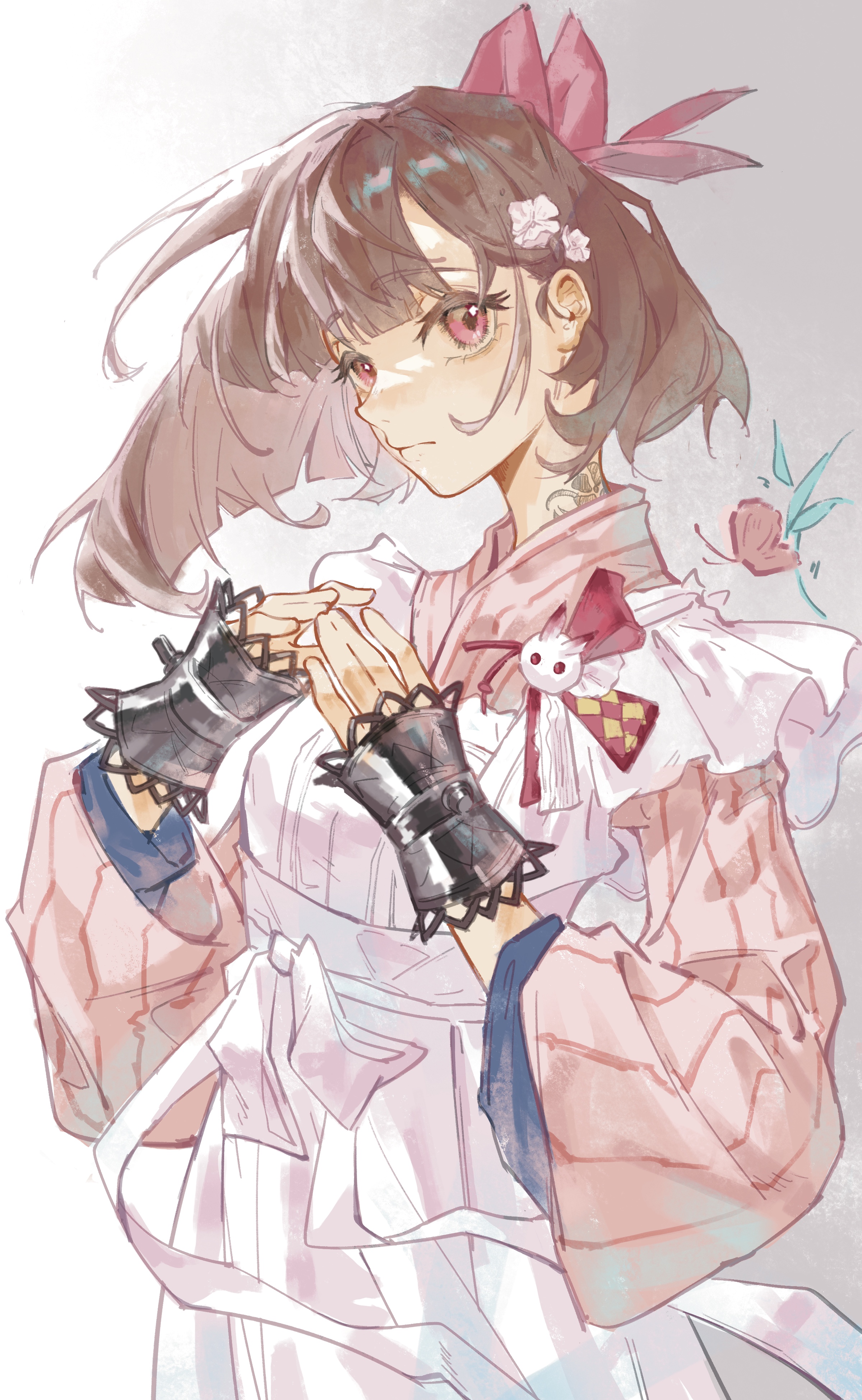 satsuki (reverse:1999), reverse:1999, absurdres, highres, 1girl, an'ang, apron, blunt ends, bow, brown hair, closed mouth, cuffs, floating hair, flower, frilled apron, frills, gradient background, grey background, hair bow, hair flower, hair ornament, hands up, japanese clothes, kimono, looking at viewer, maid, pink bow, pink eyes, pink flower, pink kimono, pinstripe kimono, pinstripe pattern, rabbit ornament, short hair, solo, striped clothes, striped kimono, upper body, vertical-striped clothes, vertical-striped kimono, wa maid, white apron