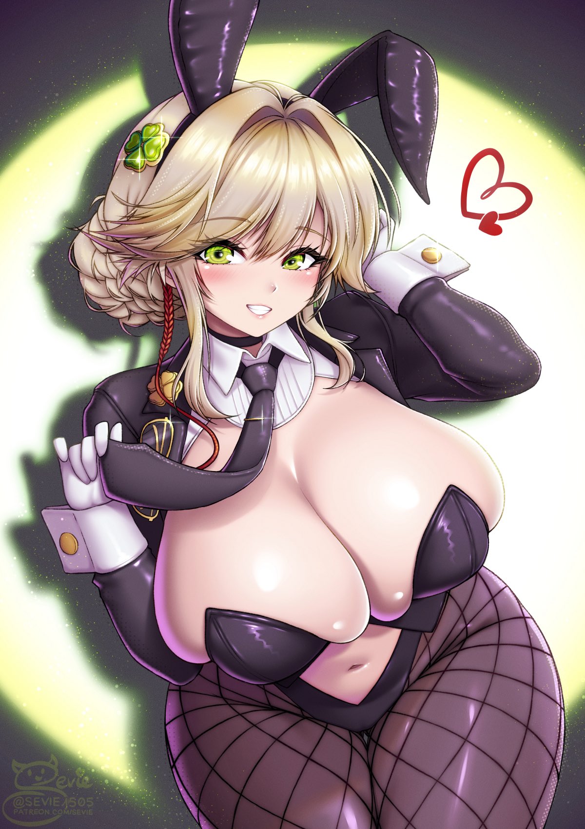 ade (agent bunny) (nikke), ade (nikke), goddess of victory: nikke, highres, 1girl, animal ears, between breasts, black leotard, black necktie, blonde hair, breasts, bun with braided base, choker, clothing cutout, fake animal ears, fishnet pantyhose, fishnets, gloves, green eyes, hair ornament, large breasts, leotard, necktie, necktie between breasts, official alternate costume, pantyhose, playboy bunny, rabbit ears, sevie1505, solo