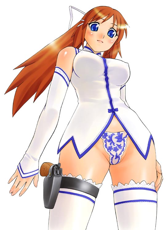 unagimaru, yuasa satsuki, routes, 1girl, breasts, female focus, frilled thighhighs, frills, gun, handgun, holster, large breasts, lingerie, panties, revolver, simple background, solo, thigh holster, thighhighs, underwear, upper body, weapon, white background
