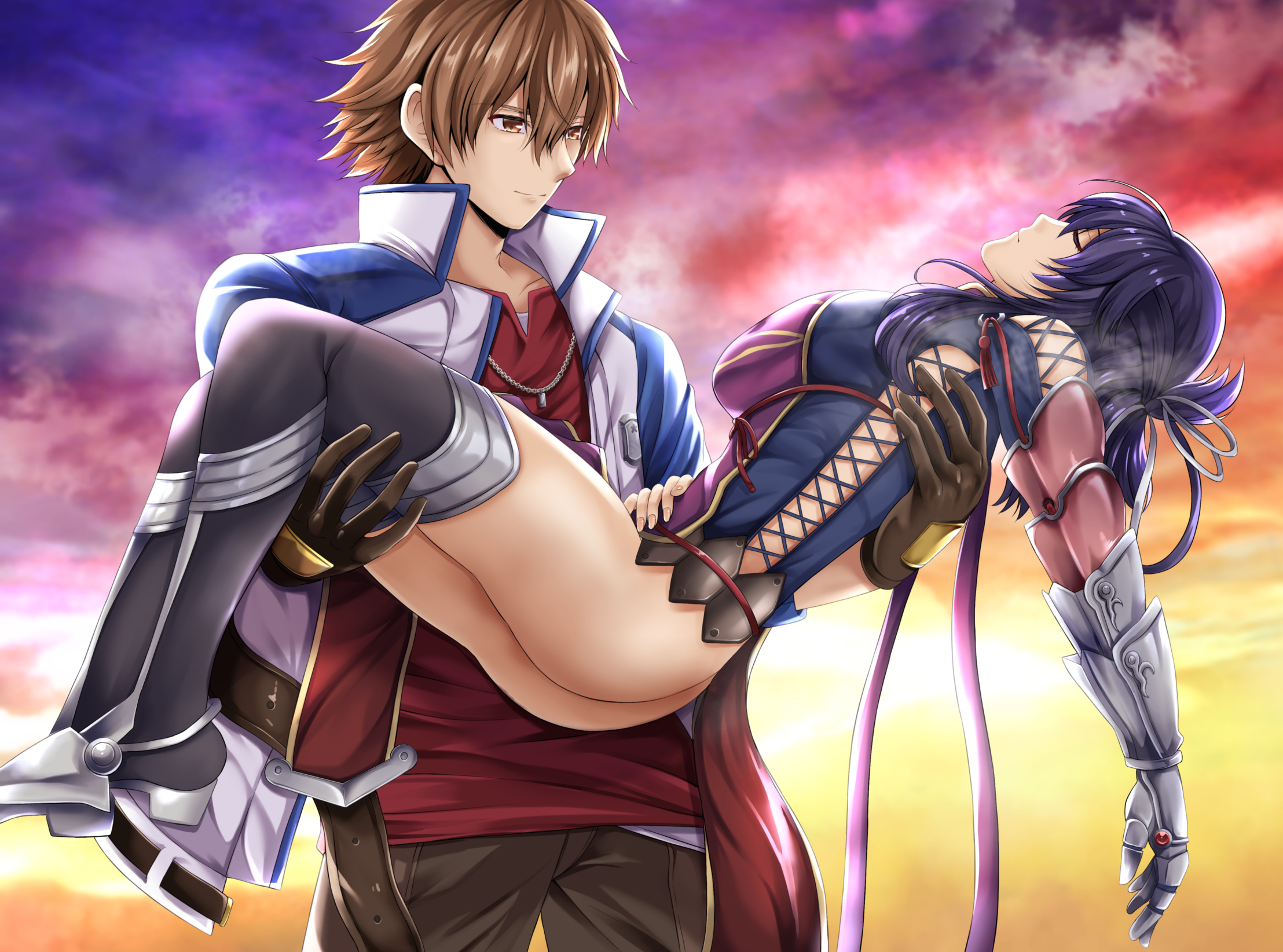 kagura yuuto, lloyd bannings, rixia mao, eiyuu densetsu, zero no kiseki, highres, 1boy, 1girl, breasts, brown eyes, brown hair, carrying, chinese clothes, gauntlets, gloves, hair ribbon, hair rings, jacket, large breasts, princess carry, purple eyes, purple hair, ribbon, short hair, thighhighs