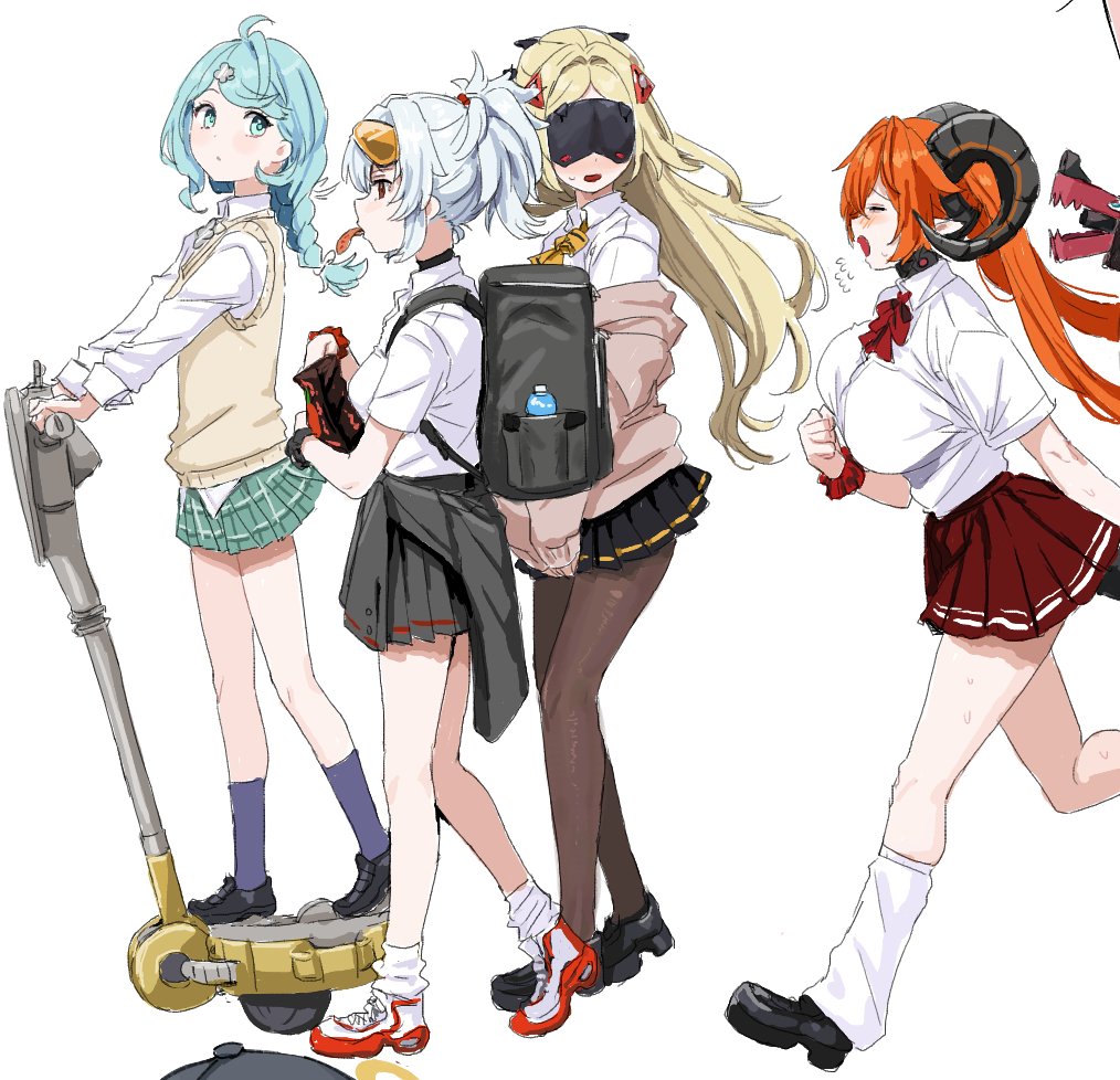 clearite, magus (zenless zone zero), orphie magnusson, seed (zenless zone zero), soldier 11 (zenless zone zero), trigger (zenless zone zero), zenless zone zero, 4girls, alternate costume, backpack, bag, bag of chips, blush, breasts, large breasts, long hair, medium breasts, motor vehicle, multiple girls, on scooter, school uniform, scooter, shoes, short hair, small breasts, sneakers, socks