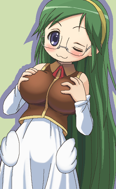 awa, shiratori arisu, moetan, 00s, 1girl, :3, blue eyes, blush, breasts, detached sleeves, dutch angle, female focus, glasses, grabbing another's breast, grabbing own breast, green hair, groping, hairband, huge breasts, impossible clothes, impossible shirt, jaggy lines, large breasts, long hair, long skirt, looking at viewer, oekaki, one eye closed, ribbon, shadow, shirt, skirt, smile, solo, standing, swept bangs, very long hair, white skirt, wings, wink