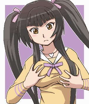 awa, wang liu mei, gundam, gundam 00, lowres, 00s, 1girl, breasts, female focus, grabbing another's breast, groping, jaggy lines, medium breasts, oekaki, shirt, solo, taut clothes, taut shirt, twintails