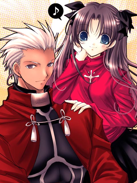 vanilla (artist), vanilla (nicolla), archer (fate), tohsaka rin, fate/stay night, fate (series), 00s, 1boy, 1girl, dark-skinned male, dark skin, turtleneck, twintails, two side up