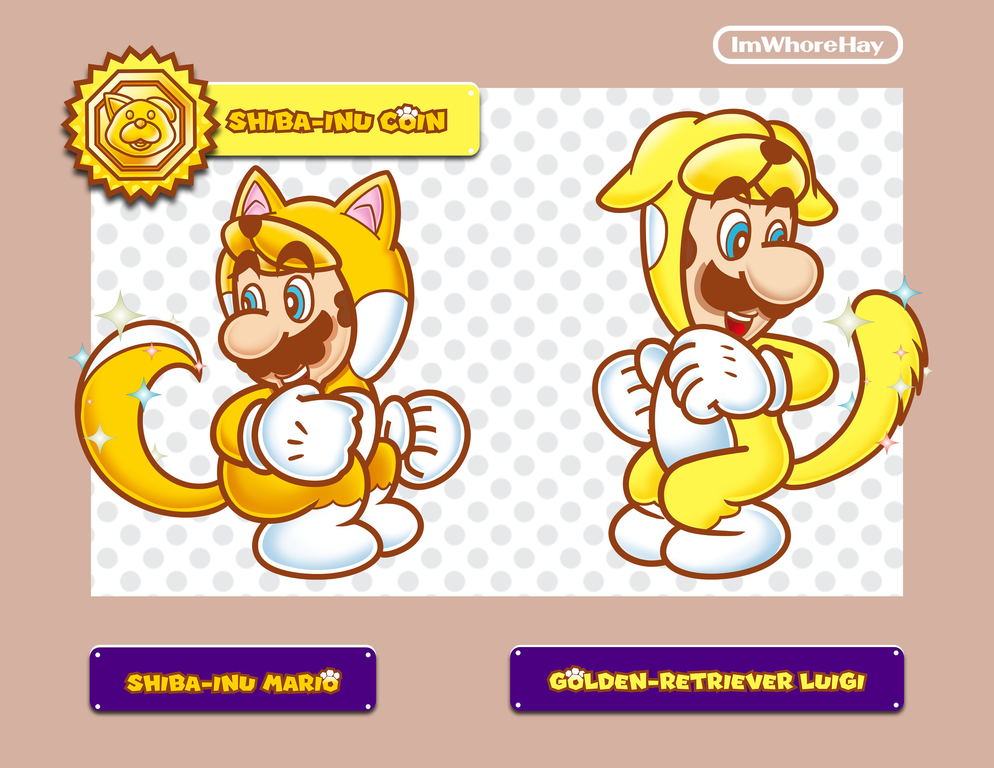 luigi, mario, mario (series), nintendo, super mario 3d world, animal costume, animal ears, blue eyes, brothers, brown hair, concept, costume, dog, dog costume, dog ears, dog tail, gloves, imwhorehay, item, power-up, siblings, size difference, smile, tail, ustache