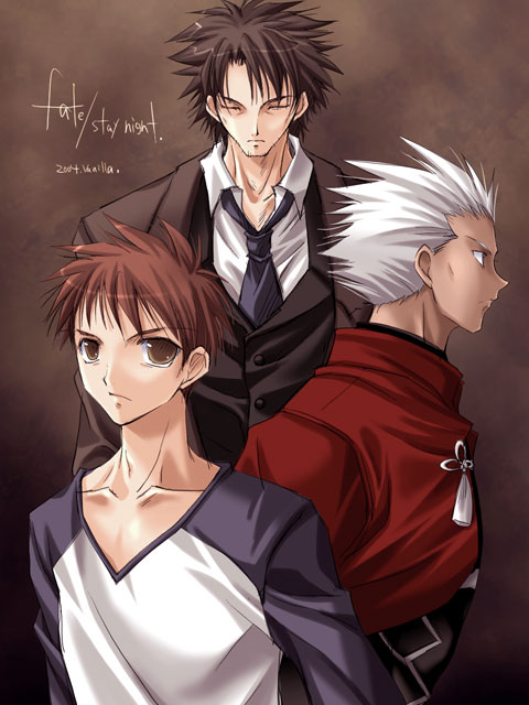 vanilla (artist), vanilla (nicolla), archer (fate), emiya kiritsugu, emiya shirou, fate/stay night, fate (series), 00s, 3boys, dark-skinned male, dark skin, father and son, male focus, multiple boys, raglan sleeves