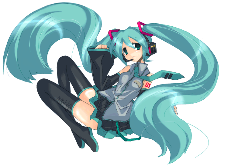 hizuki yayoi, hatsune miku, vocaloid, aqua eyes, aqua hair, black thighhighs, blouse, collared shirt, detached sleeves, frilled shirt, frills, grey shirt, long hair, shirt, shoulder tattoo, skirt, sleeveless, sleeveless shirt, solo, tattoo, thighhighs, transparent background, twintails, very long hair, zettai ryouiki
