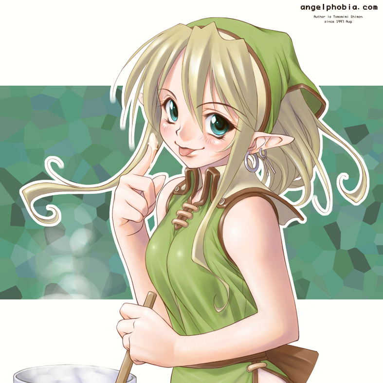 tomomimi shimon, original, 1girl, bandana, blonde hair, blue eyes, cooking, earrings, elf, female focus, jewelry, pointy ears, solo