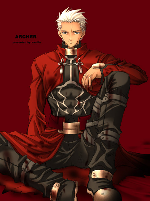 vanilla (artist), vanilla (nicolla), archer (fate), fate/stay night, fate (series), 00s, 1boy, black boots, boots, dark-skinned male, dark skin, male focus, multicolored boots, short hair, solo, two-tone boots, white hair
