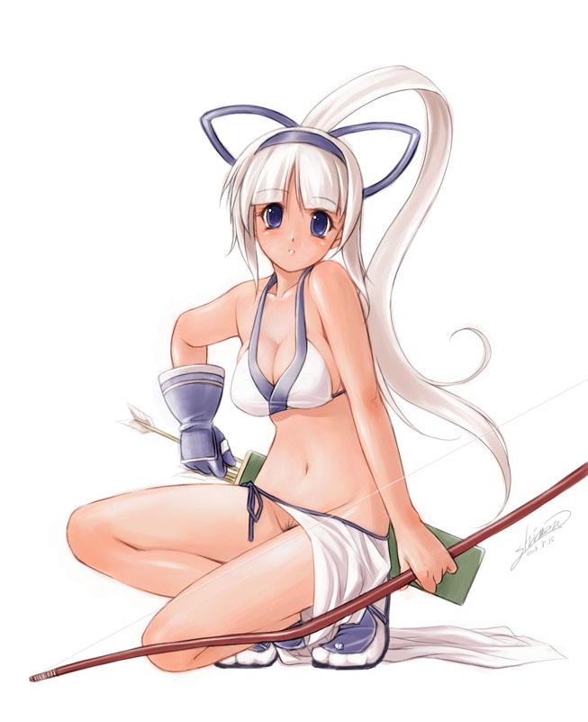 tomomimi shimon, majikina mina, samurai spirits, snk, 1girl, bikini, blue eyes, bow (weapon), breasts, cleavage, female focus, female pubic hair, gloves, hair ribbon, kneeling, long hair, medium breasts, midriff, no panties, on one knee, ponytail, pubic hair, ribbon, sandals, sideboob, skirt, socks, solo, swimsuit, weapon, white hair