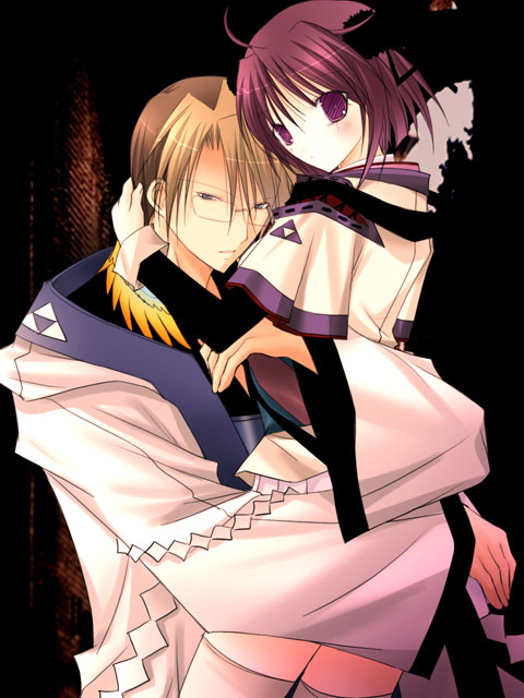 vanilla (artist), vanilla (nicolla), houjou souun, nanjou ran, rance (series), sengoku rance, 1boy, 1girl, blue eyes, brown hair, glasses, hetero, hojo soun, hug, purple eyes, purple hair, short hair, thighhighs