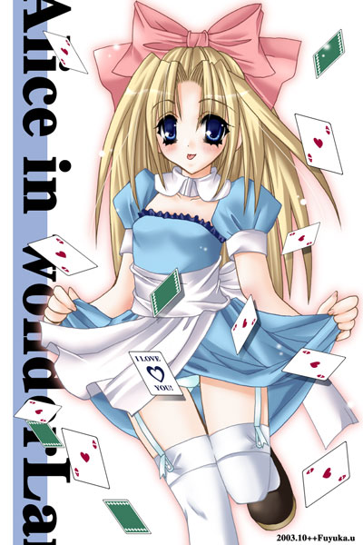 alice (alice in wonderland), alice's adventures in wonderland, 1girl, ace (playing card), ace of hearts, blonde hair, card, clothes lift, dress, dress lift, female focus, garter belt, heart, lingerie, panties, playing card, ribbon, skirt, skirt lift, solo, thighhighs, underwear