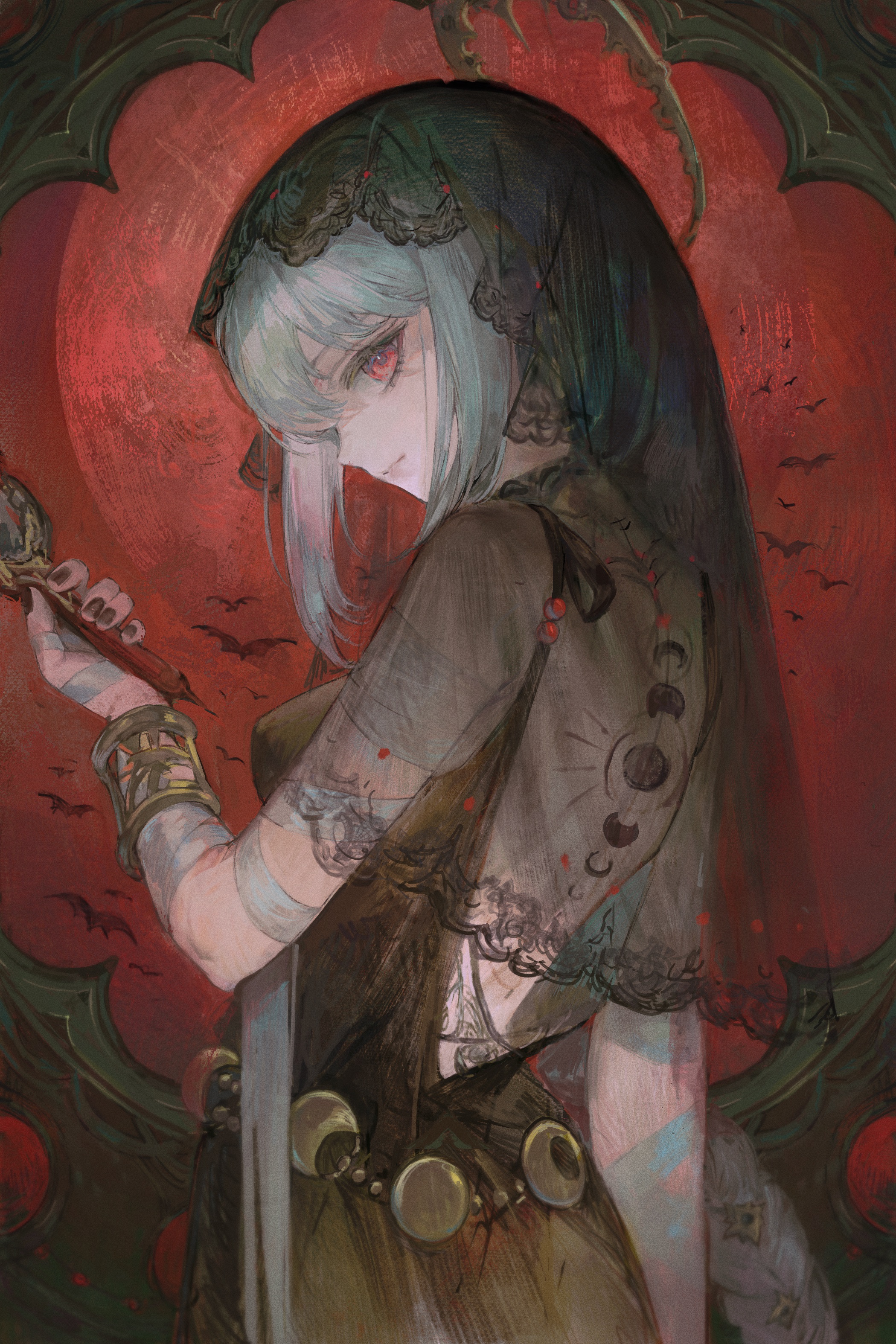 fuyuyu-pon, semmelweis (reverse:1999), semmelweis (the wax and wane of the heart) (reverse:1999), reverse:1999, absurdres, highres, 1girl, back tattoo, backless dress, backless outfit, bat (animal), black dress, black veil, bracer, closed mouth, dress, from side, hand mirror, hand up, holding, holding mirror, looking at viewer, mirror, moon phases, official alternate costume, profile, red eyes, sleeveless, sleeveless dress, solo, tattoo, upper body, veil