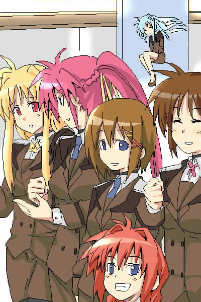 kurosho, fate testarossa, reinforce zwei, signum, takamachi nanoha, vita (nanoha), yagami hayate, lyrical nanoha, mahou shoujo lyrical nanoha, mahou shoujo lyrical nanoha strikers, 00s, 6+girls, ^ ^, blonde hair, brown hair, closed eyes, grin, hair intakes, hair ornament, hairclip, height difference, lineup, long hair, looking at viewer, military, military uniform, mini person, minigirl, multiple girls, necktie, oekaki, pink hair, ponytail, red hair, short hair, sidelocks, smile, talking, very long hair, x hair ornament