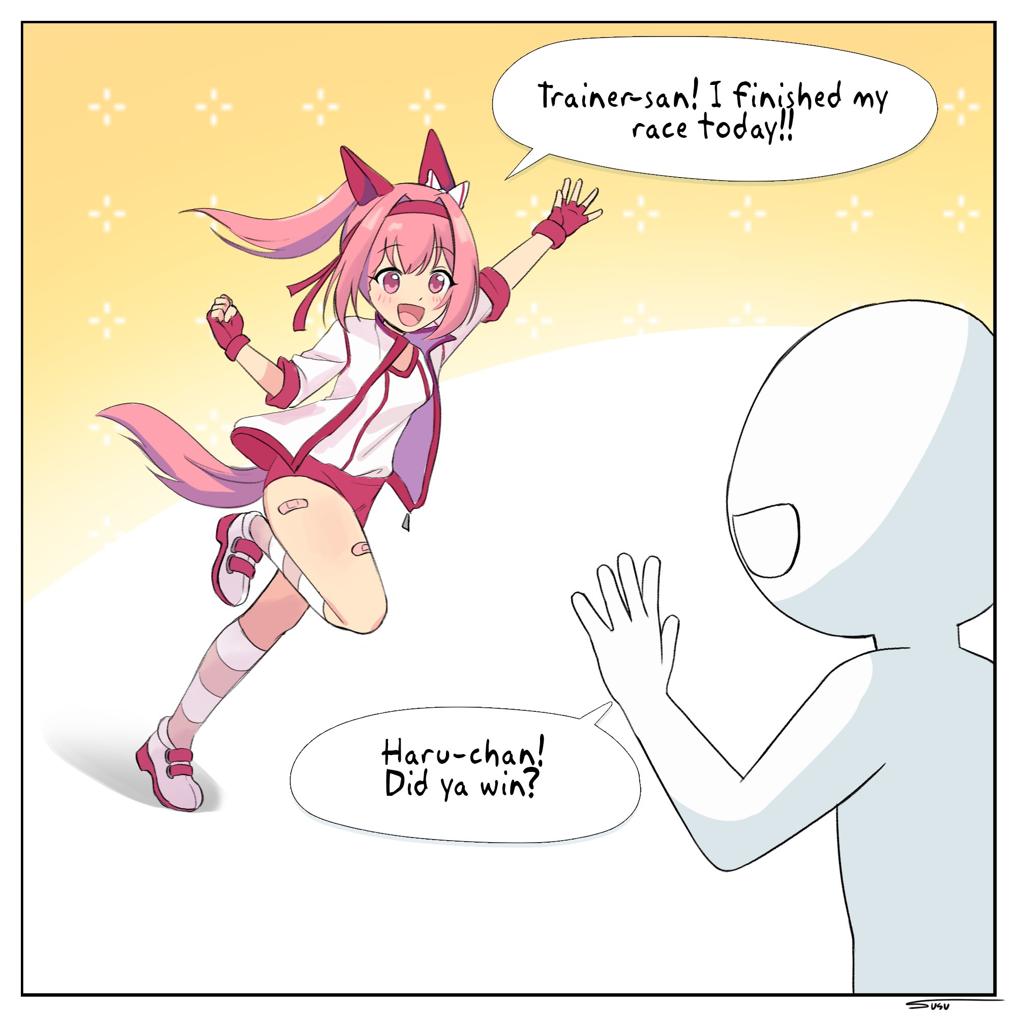 susu awoo, haru urara (umamusume), umamusume, commentary, english commentary, highres, 1girl, 1other, :d, animal ears, arm up, bandaid, bandaid on leg, bow, buruma, ear bow, ear covers, english text, fingerless gloves, full body, gloves, haru urara (bestest prize) (umamusume), high ponytail, horse ears, horse girl, horse tail, jacket, long hair, long sleeves, looking at another, open clothes, open jacket, open mouth, pink eyes, pink hair, ponytail, red buruma, red gloves, shoes, signature, smile, speech bubble, standing, tail, thighs, waving, white bow, white jacket, white shoes