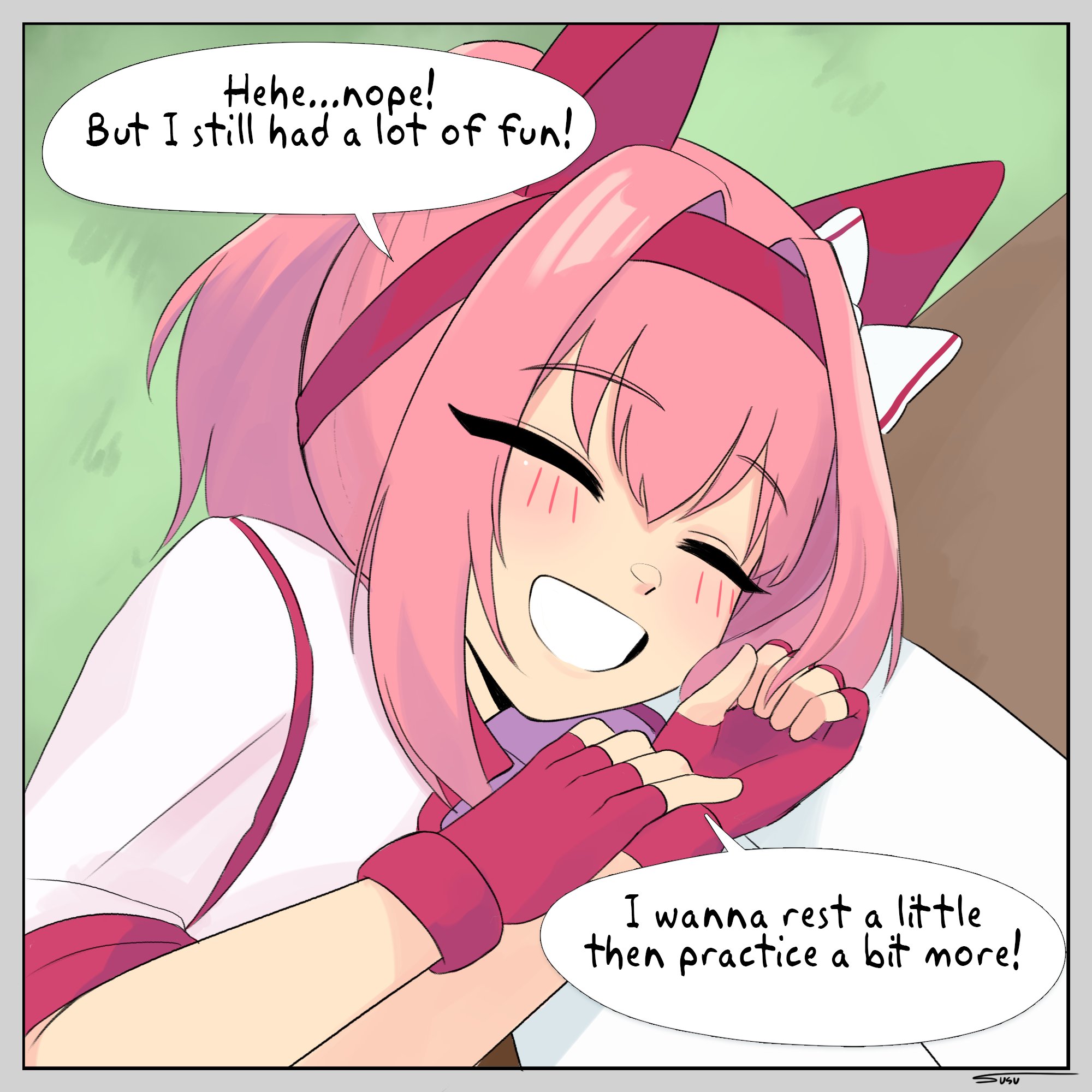 susu awoo, haru urara (umamusume), umamusume, commentary, english commentary, highres, 1girl, 1other, :d, ^ ^, animal ears, bandaid, bandaid on leg, blush, bow, buruma, closed eyes, ear bow, ear covers, english text, fingerless gloves, gloves, haru urara (bestest prize) (umamusume), high ponytail, horse ears, horse girl, horse tail, jacket, lap pillow, long hair, long sleeves, open clothes, open jacket, open mouth, pink eyes, pink hair, ponytail, pov, red buruma, red gloves, signature, smile, speech bubble, tail, thighs, white bow, white jacket