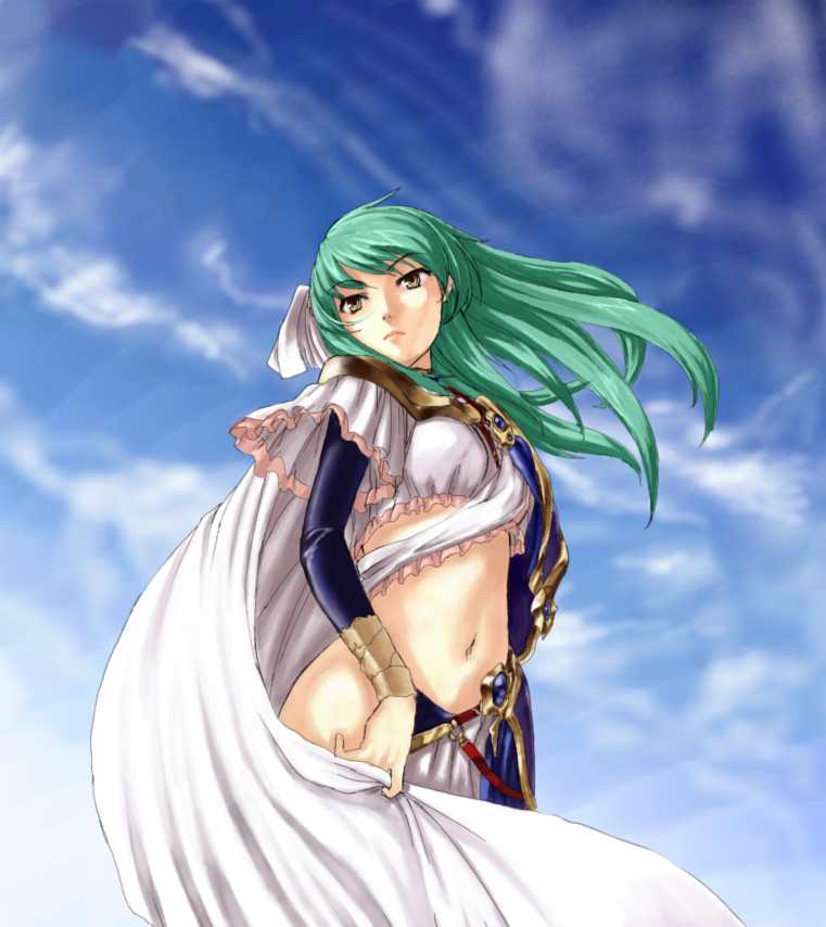 kirisato itsuki, nalzgis, mamatoto, cape, cloud, day, green hair, long hair, midriff, sky, solo, wind
