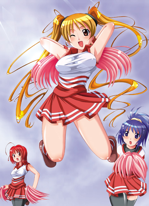 ganakura homu, 3girls, blonde hair, cheerleader, multiple girls, thighhighs, twintails