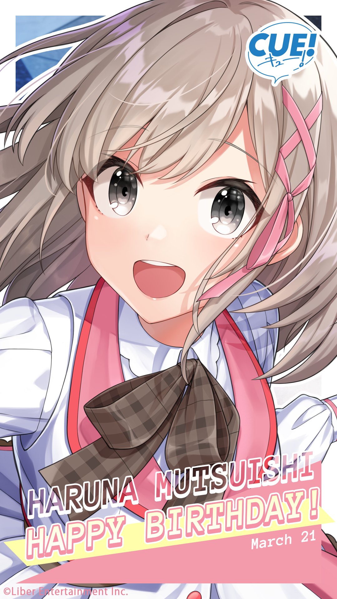 shirako miso, mutsuishi haruna, cue!, highres, official art, 1girl, :d, bow, bowtie, breasts, brown hair, character name, checkered ribbon, collared shirt, dated, english text, grey eyes, hair ornament, jacket, lips, long sleeves, looking at viewer, open mouth, pink jacket, pink ribbon, ribbon, shirt, short hair, skirt, smile, solo, teeth, upper body, upper teeth only, white shirt, x hair ornament