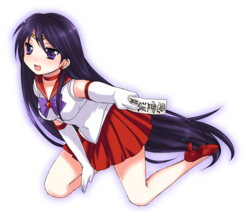 usashiro mani, hino rei, sailor mars, bishoujo senshi sailor moon, 1990s (style), 1girl, :d, bare legs, black hair, bow, choker, earrings, elbow gloves, female focus, gloves, high heels, jewelry, kneeling, leotard, long hair, magical girl, miniskirt, ofuda, open mouth, pleated skirt, purple eyes, red skirt, retro artstyle, sailor collar, shoes, skirt, smile, solo, tiara, very long hair, white background, white gloves